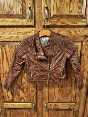 H&M Brown Faux Leather Moto Jacket with Quilted Shoulders